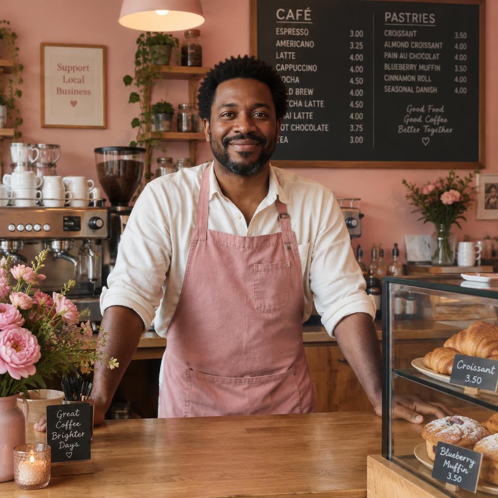 Cafe owner behind his counter